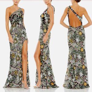 MAC DUGGAL 49574 EMBELLISHED FLORAL ONE SHOULDER BLACK MULTI DRESS sz 8
